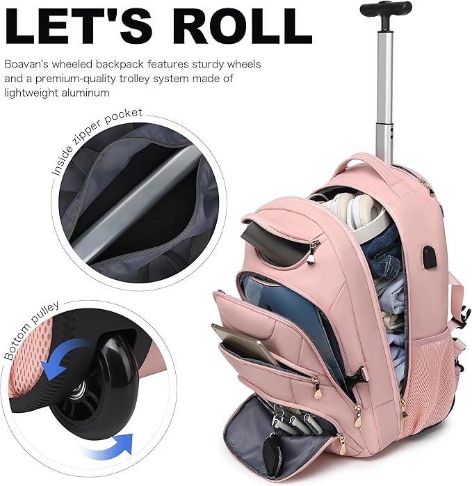 Boavan Rolling Backpack for Women, 17.3 Inch Wheeled Laptop Backpack, Large - Image 7