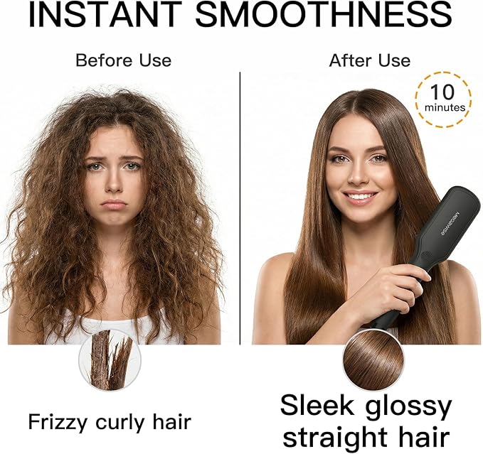 MEGAWISE Pro Ceramic Ionic Hair Straightener Brush for Home Salon | MCH Fast 20s Heating Tech with Auto-Off Safety | Anti-Scald with Universal Dual Voltage | Rotatable Power Cord (Black)