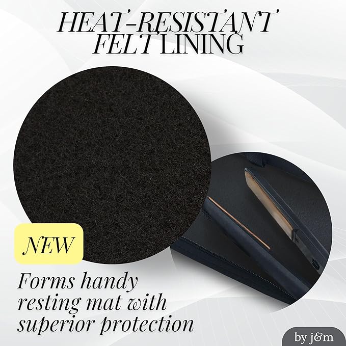 New: Hair Straightener Mat & Pouch by j&m - Enhanced Heat Resistant - Fits ghd, BaByliss & Larger Flat Irons - Zip-Up All-in-One Compact Travel Case (Felt Mat)