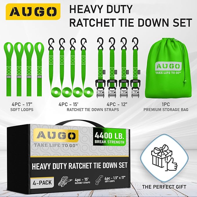 AUGO Heavy Duty Ratchet Straps & Soft Loops – Pack of 4 Extra Strong 1.5” by - Image 4
