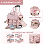 Rolling Makeup Case with 4 Removable Bags, Professional Makeup Train Case with Wheels, Makeup Artist Travel Bag with Brushes Storage Section, Pink (Patent Design)