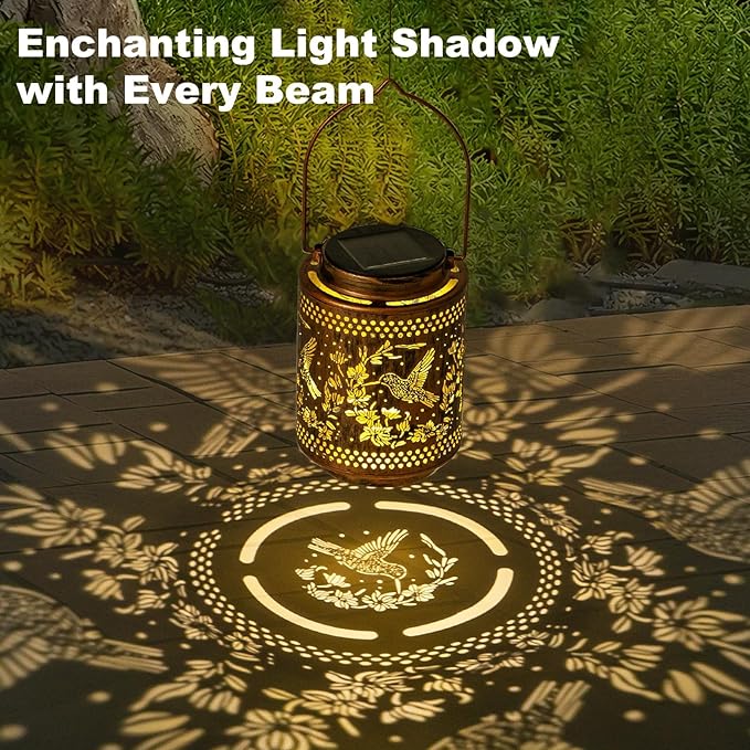 2 Pack Solar Lanterns Outdoor Waterproof Hummingbird and Iris Hanging Garden - Image 5
