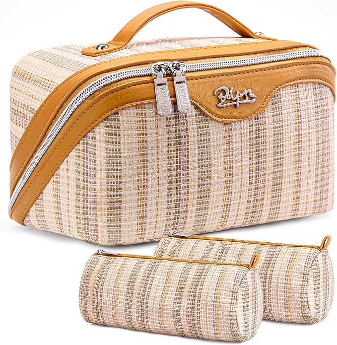 Travel Makeup Bag for Women: Large Capacity Open Flat Make up Bag Set of 3 by BOYATU