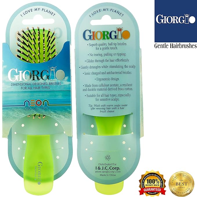 Giorgio GION2G Neon Green 6.25 inch Gentle Touch Detangler Hair Brush for Men Women & Kids. Soft Bristles for Sensitive Scalp. Wet & Dry for all Hair Types. Scalp Massager Brush Stimulate Hair Growth