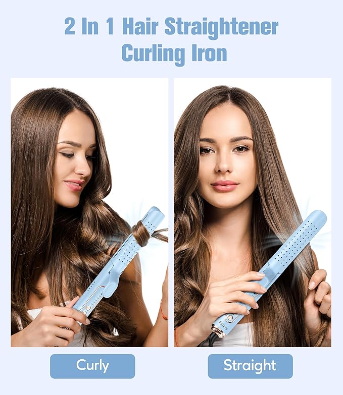 Farery Chill Set Soft-Air Curling Iron: Gentle Soft Air for Quick Styling & Long-Lasting Curls, Lock in Style with Cooling Air Vents, 2-in-1 Hair Straightener & Curler with Upgraded Long Barrel, Blue