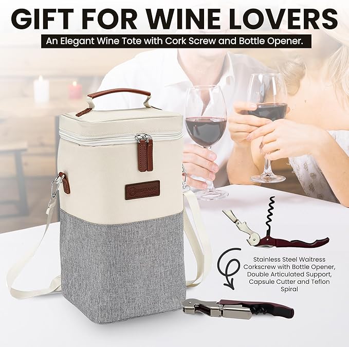 Insulated Wine Bag Cooler – Beige and Gray, Holds 4 Bottles, Wine Opener - Image 6