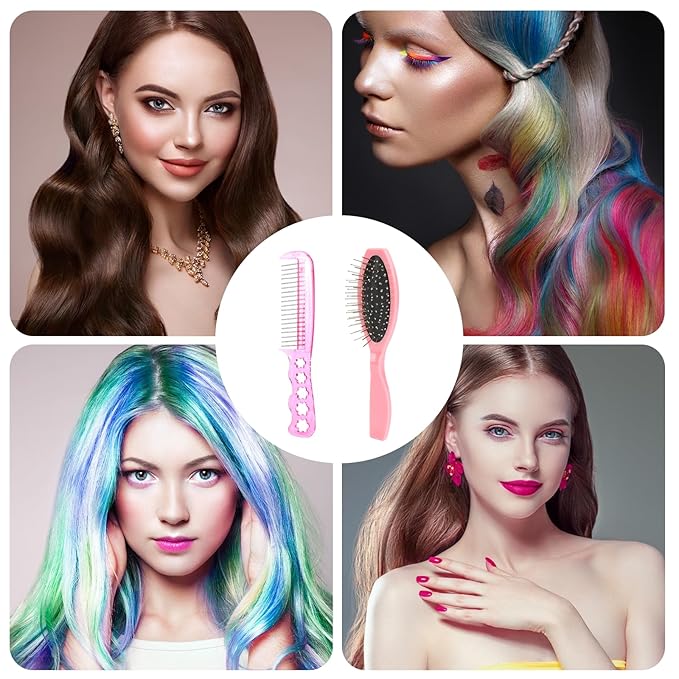 2 PCS Wig Brush Set - Stainless Steel Metal Bristle Comb and Cushion Detangling Brush for Hair Extensions, Wigs, and Wet Hair (Pink)