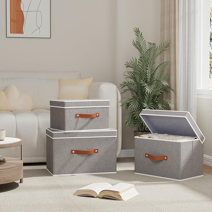 Collapsible Storage Bins with Lids, Linen Foldable Cloth Baskets, 17.7 x 11.8 x - Image 3