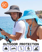 Outdoor UPF50+ Sun Hat Wide Brim Mesh Fishing Hat with Neck Flap (Large-X-Large / Aqua Blue)