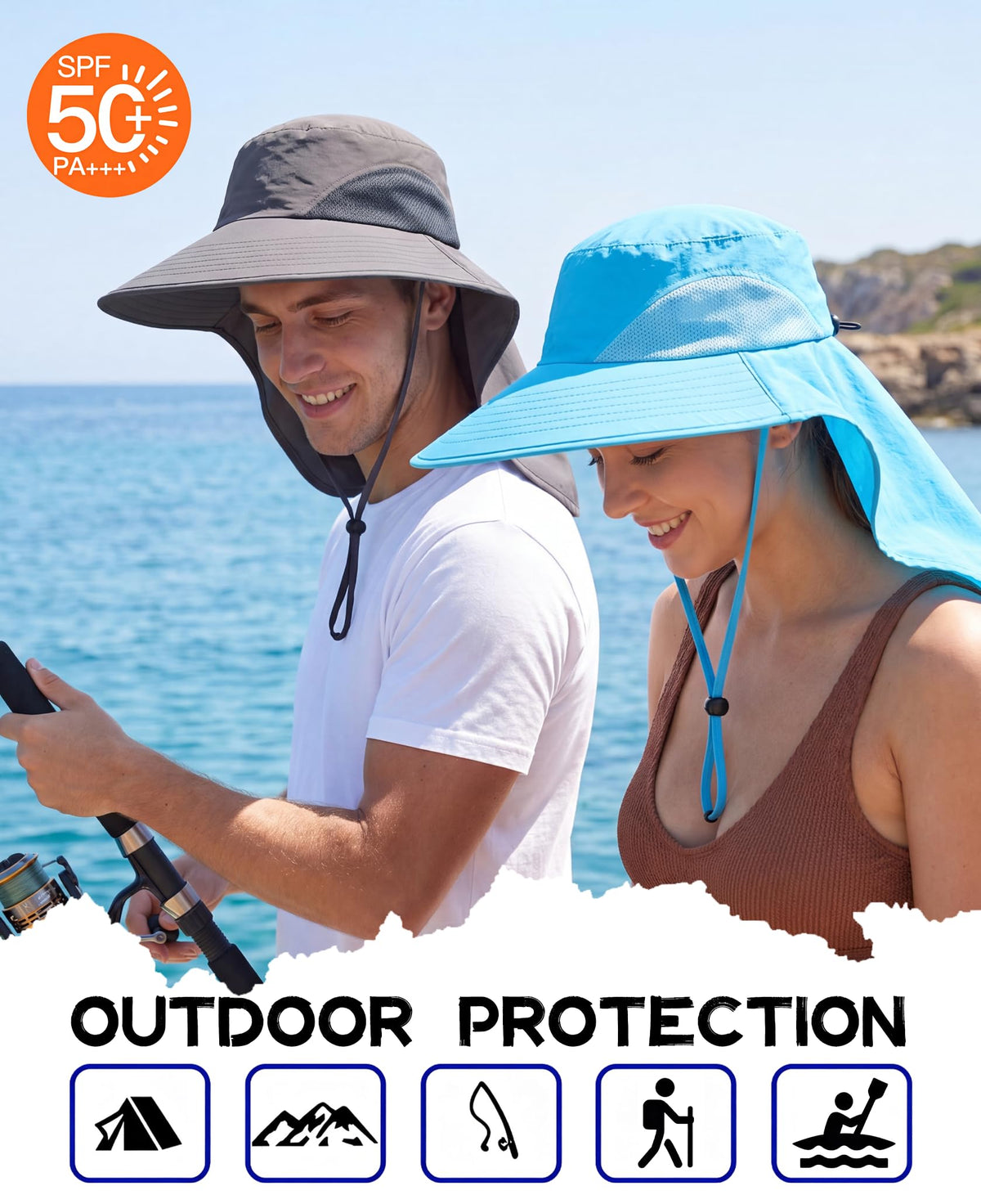 Outdoor UPF50+ Sun Hat Wide Brim Mesh Fishing Hat with Neck Flap (Large-X-Large / Aqua Blue)