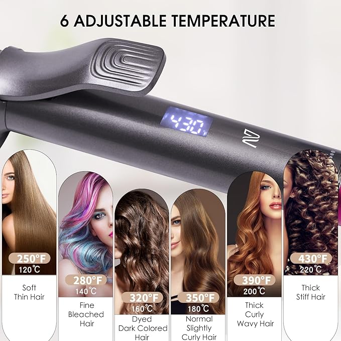 1 1/4 Inch Curling Iron, Ceramic Coated Hair Curling Wand, Rapid 430°F Heating, Temperature LED Display, 6 Temperature Settings, 60 Minutes Auto-Off, Red