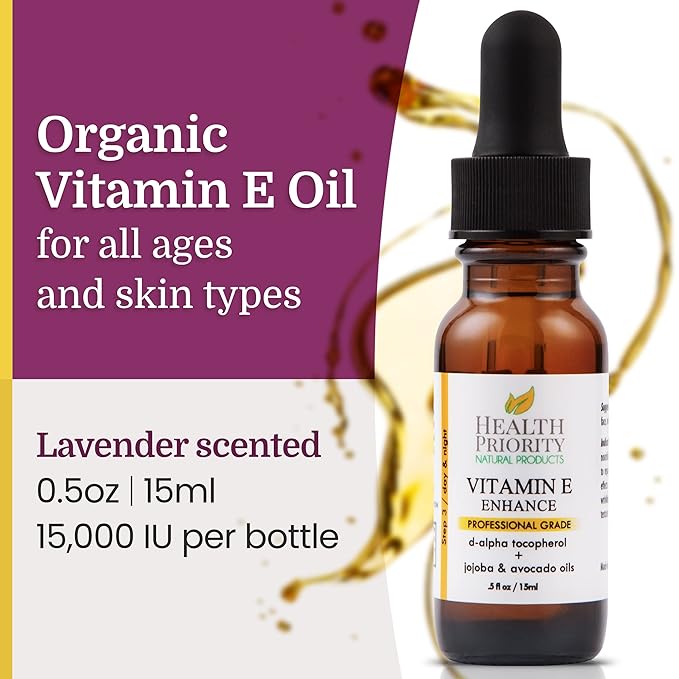 Health Priority Naturals|Vitamin E Oil - for Face/Hair - Organic, Handmade, Non-GMO, Gluten-Free, Vegan - For Scars, Wrinkles, Stretch Marks - Scented, 15,000 IU, 0.5 Fl Oz