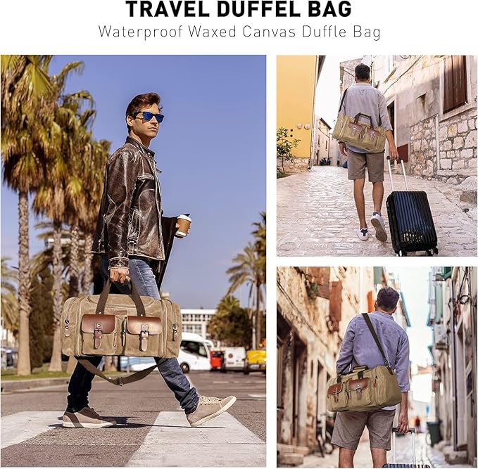 Wildroad Waxed Canvas Duffle Bag - 60L Waterproof Weekender Overnight Travel Bag - Image 3