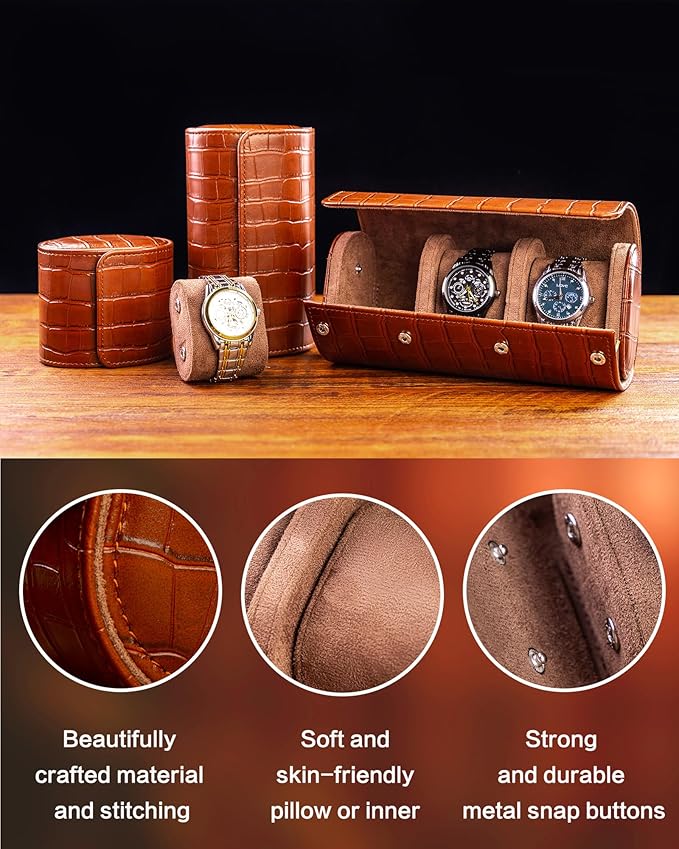 MR.OKAY 3 Watch Travel Case- Classic Leather Watch Case - Image 4