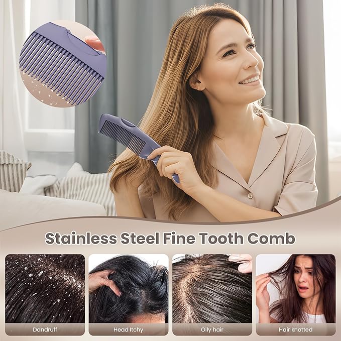 2PC Dandruff Comb Fine Tooth Scalp Detox Comb Lice Stainless Steel Scalp Detoxing Hair Brush Tool Hair Care for Women, Men & Kids (Purple)