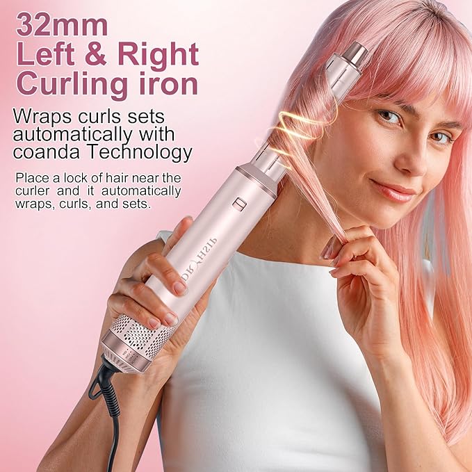 5 in 1 Hair Styler & Hot Air Brush - Air Curling Wrap with Low-Speed Negative Ion Technology, Hair Dryer Brush for Drying, Curling, Straightening & Styling, Hair Styling Tools at Home (Pink)