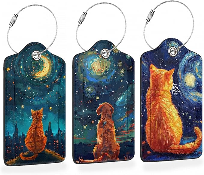 Starry Night Orange Cat 3 Pack PU Leahter Luggage Tag by Losthll