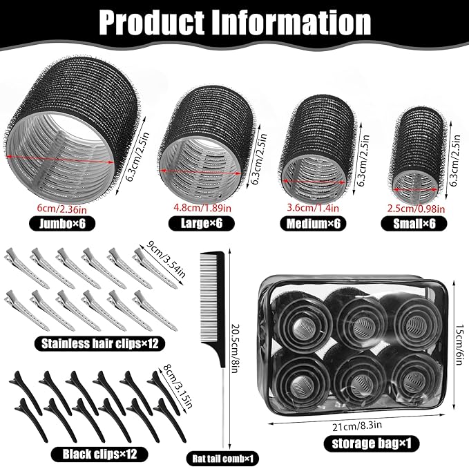 4 Sizes Self-Grip Hair Rollers Set - 50 Pcs Jumbo Curlers for Long, Short Hair and Bangs (25mm, 36mm, 48mm, 60mm) With Clips, Black