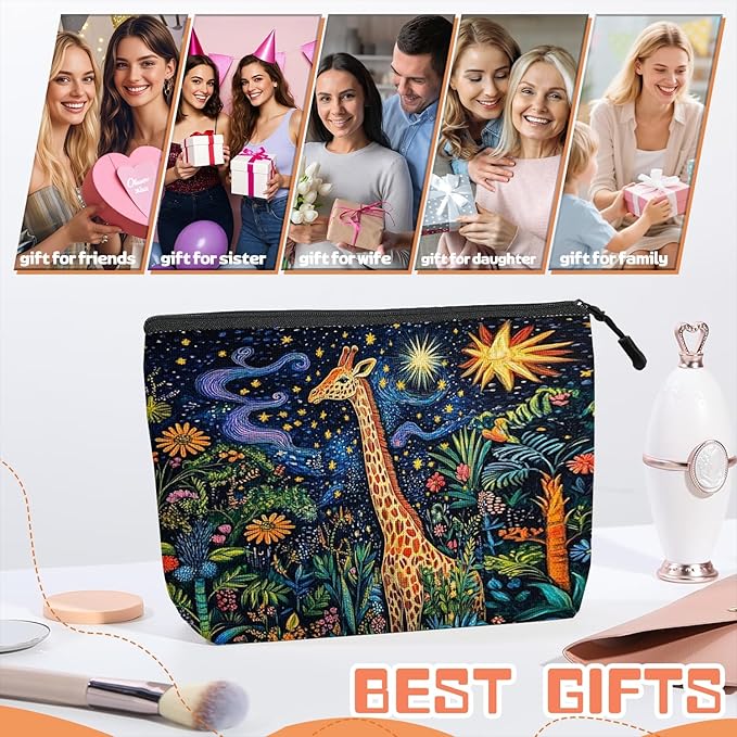 Cosmetic Bags Travel Makeup Toilet Case Waterproof Pouch for Women Girls 6.7X9.45inches - Giraffe in A Starry Jungle in A Colorful Illustration
