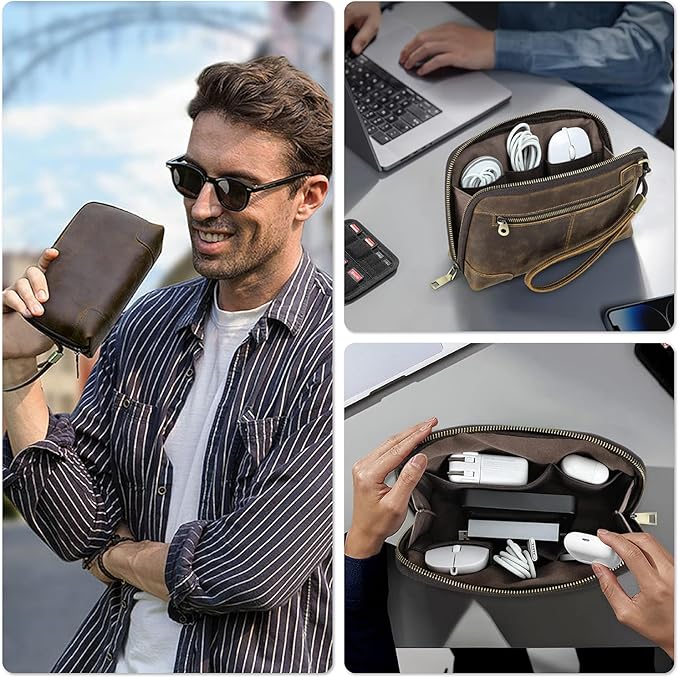 Top Grain Leather Text Custom Electronic Organizer Zipper Bag Tech Pouch - Image 7