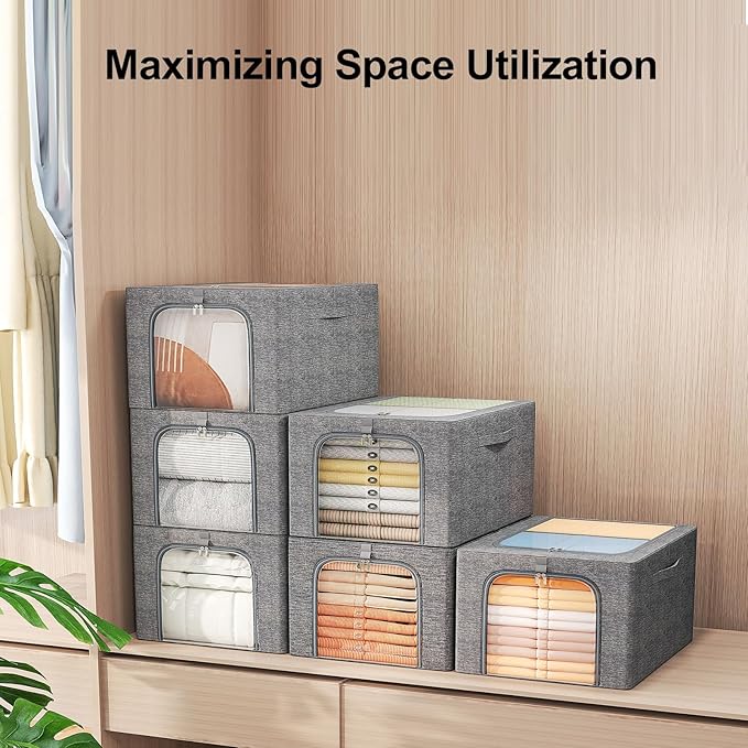 GoMaihe Clothes Storage Bins Metal Frame: 3-Pack Compact Stackable Closet - Image 4