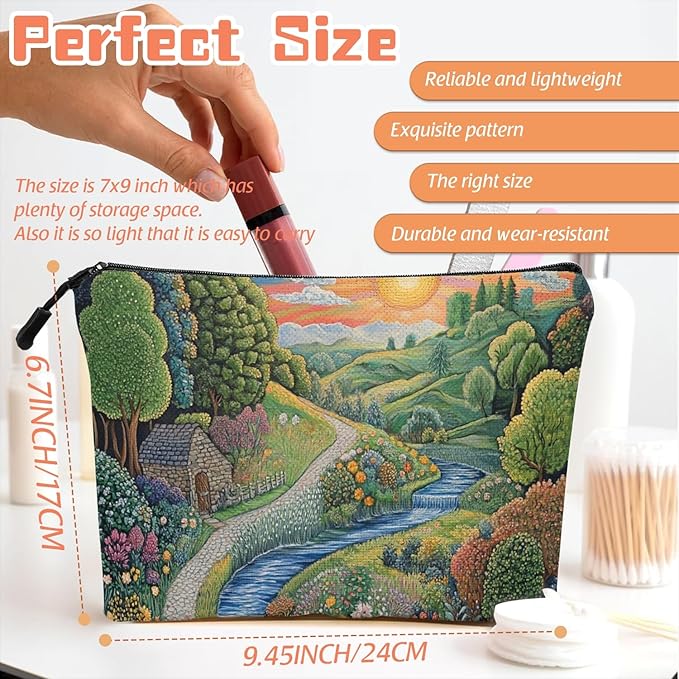 Cosmetic Bags Travel Makeup Toilet Case Waterproof Pouch for Women Girls 6.7X9.45inches - Idyllic Country Landscape With Path And Sun