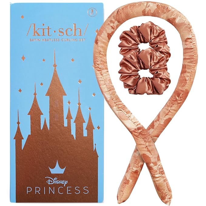 Disney & Kitsch Satin Heatless Curlers Set – Heatless Curls Overnight, with Comfortable No Heat Hair Curlers to Sleep In and 2 Satin Scrunchies for Frizz-Free & Non-Damage Styling - Princess Party