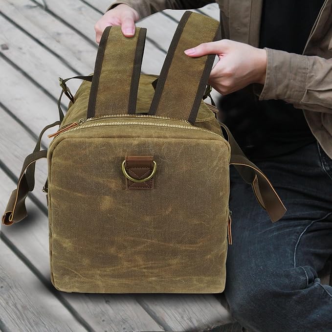 60L Travel Bags for Men, Nomad Washed Canvas Duffle Bag Vintage Genuine Leather - Image 7