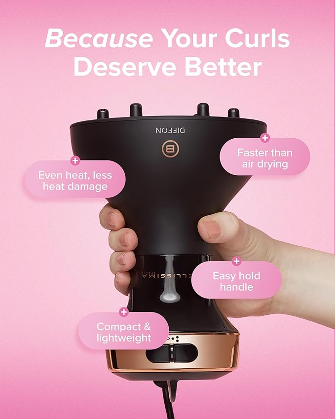 Bellissima Diffon Ceramic Diffuser Hair Dryer for Curly Hair - 2-in-1 Blow Dryer with Diffuser - Reduces Frizz, Defines Curls, Volumizes - Lightweight, Compact, Easy Hold Handle