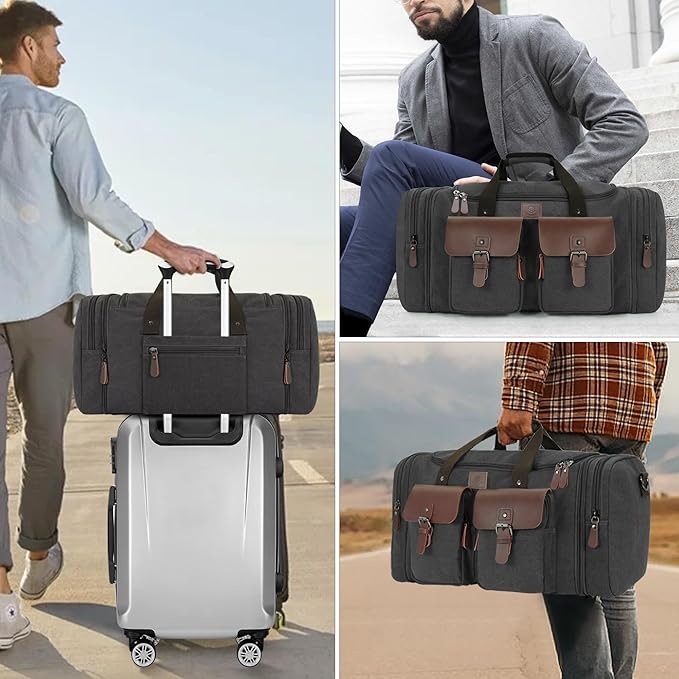 Canvas Duffle Bag for Men 50L Travel Duffel Bags Expandable Genuine Leather - Image 8