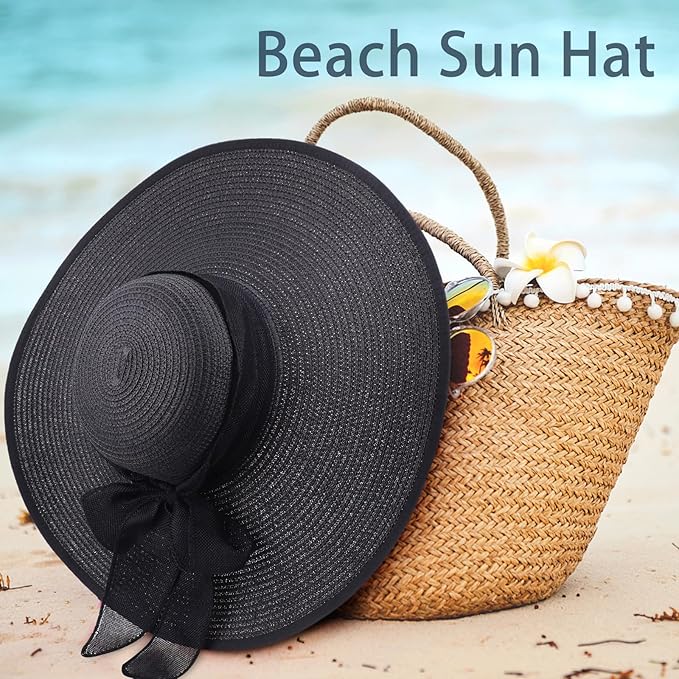 DRESHOW Beach Hats for Women Big Straw Wide Brim Summer Hat Floppy Foldable - Image 3