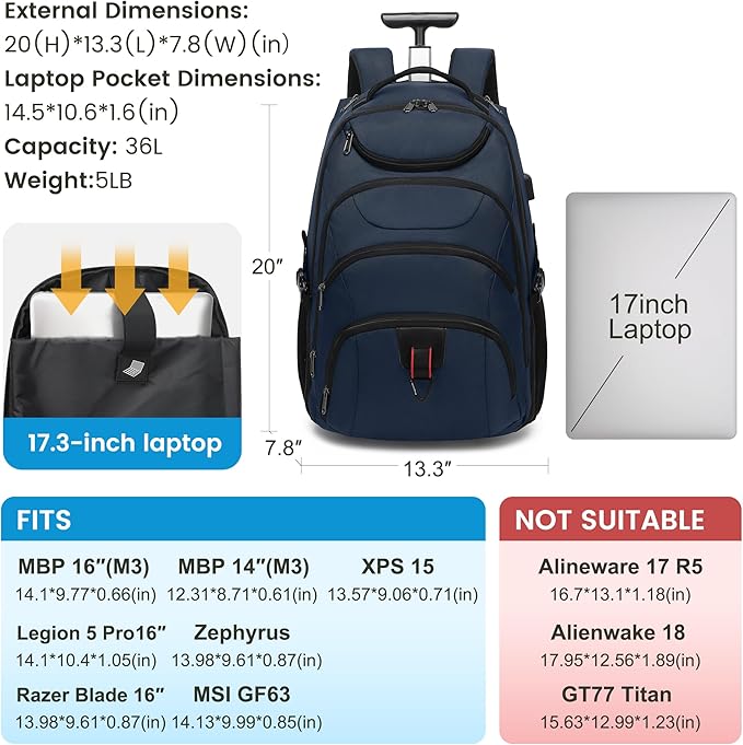 Boavan Rolling Backpack, 17 inch Water Resistant Wheeled Backpack, Carry on - Image 2