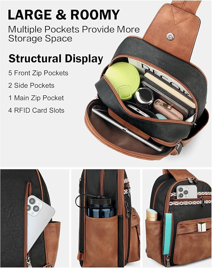 FADEON Large Sling Bag for Women, Leather Crossbody Purse Designer Anti Theft - Image 6