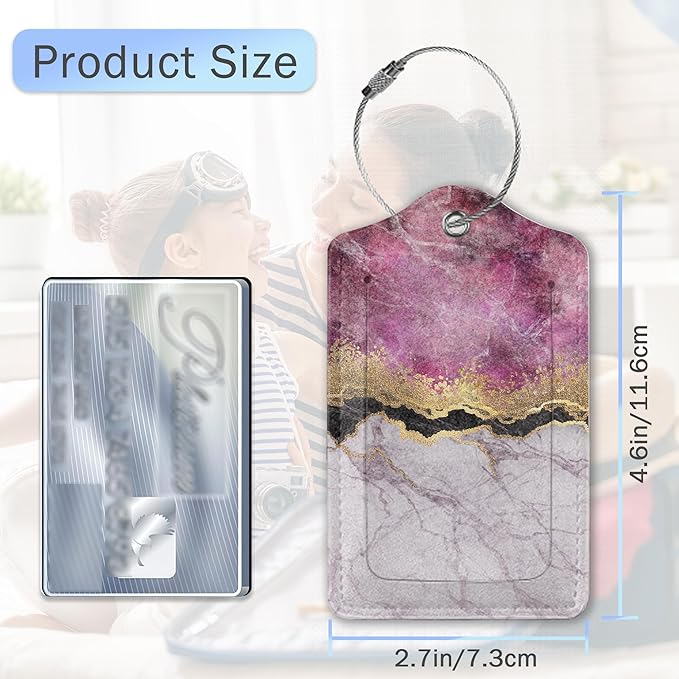 Gold Blue Pink Marble Abstract Luggage Tags, 2 Pack Luggage Tag, Leather - Image 2