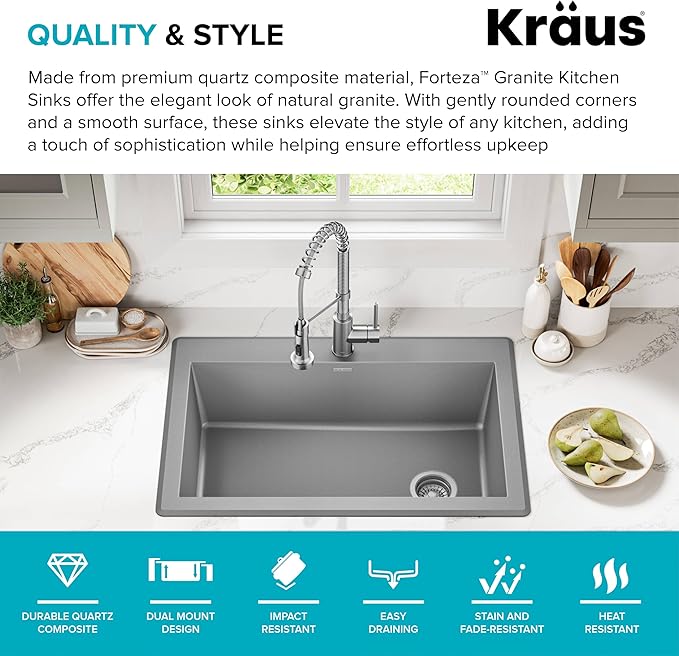 KRAUS Forteza 33-inch Drop In/Undermount Single Bowl Granite Kitchen Sink in - Image 2