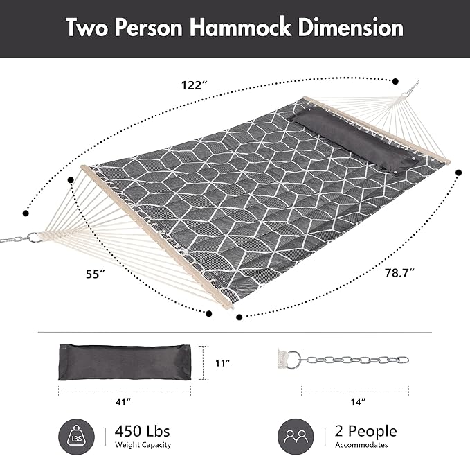 ANOW Outdoor Hammock with Spreader Bars and Detachable Pillow, 2 Person Hammock - Image 6