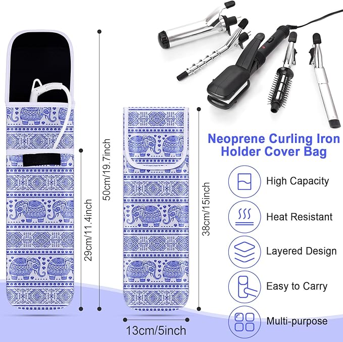 Shappy 2 Pcs Heat Resistant Hair Tools Bag Curling Iron Travel Case Cover Neoprene Flat Iron Holder Travel Case and Silicone Mat Pouch for Hot Hair Tools Storage Organizer(Elephant Style)