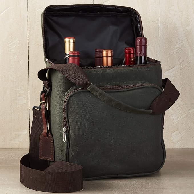 Wine Enthusiast 6-Bottle Waxed Canvas Wine Bag Tote Insulated Wine Carrier - Image 4