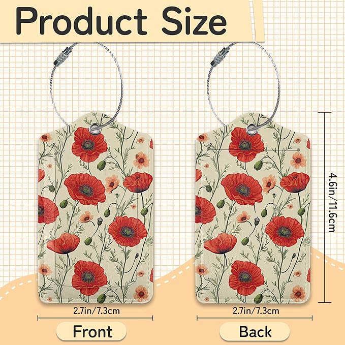 3 PCS Red Poppy Flower Luggage Tags, Suitcase Tags Privacy Cover ID Label - Image 3