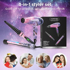3 in 1 1875W Hair Dryer Straightening Curling Iron, PARWIN PRO BEAUTY Hair Styling Set, Valentine Gift, Ion Hair Dryer, Flat Iron Hair Straightener, Cone Curling Iron, Gift Set,Galaxy Pattern