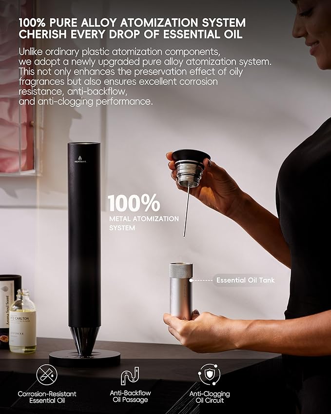 Waterless Scent Diffuser Starter Kit - 1500 Sq Ft Coverage, Alloy Atomization System,Mood Light,Smart Rechargeable Hotel Scent Diffuser, Including 120ml Essential Oil, for Home,Large Room,Spa,Black