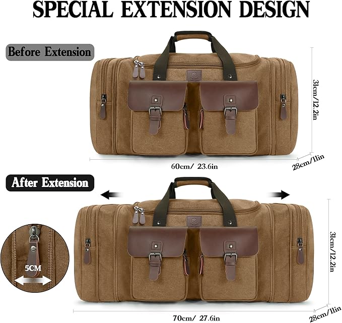 Canvas Duffle Bag for Men 60L Travel Duffel Bags Expandable Genuine Leather - Image 2