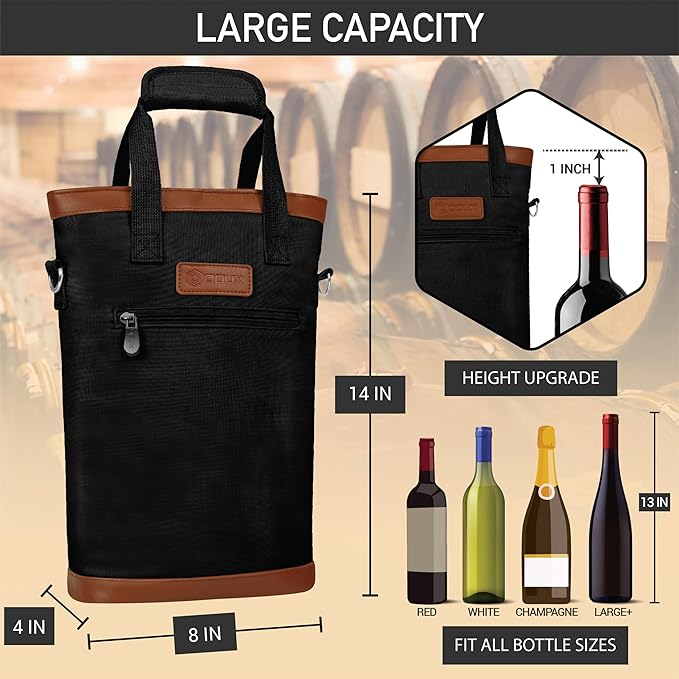 opux Two Bottle Wine Bag Carrier Tote, Insulated Leakproof 2 Bottle Wine Cooler - Image 4
