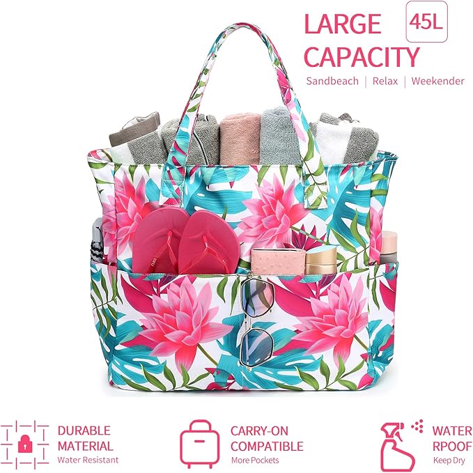 LEDAOU Large Beach Tote Bag Women Waterproof Sandproof Zipper Beach Tote Bag - Image 4