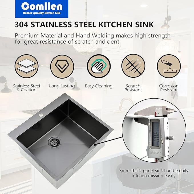 Comllen 25 x 22 Inch Drop In Black Kitchen Sink, Topmount 16 Gauge Stainless - Image 4