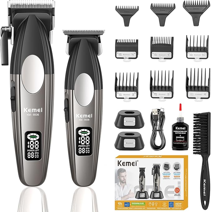 KEMEI 8536 Professional Hair Clippers for Men, Cordless Barber Clipper and Trimmers Set with LED Displays, 9000 RPM Hair Cutting Kits with Charging Bases, Mens Grooming Kit