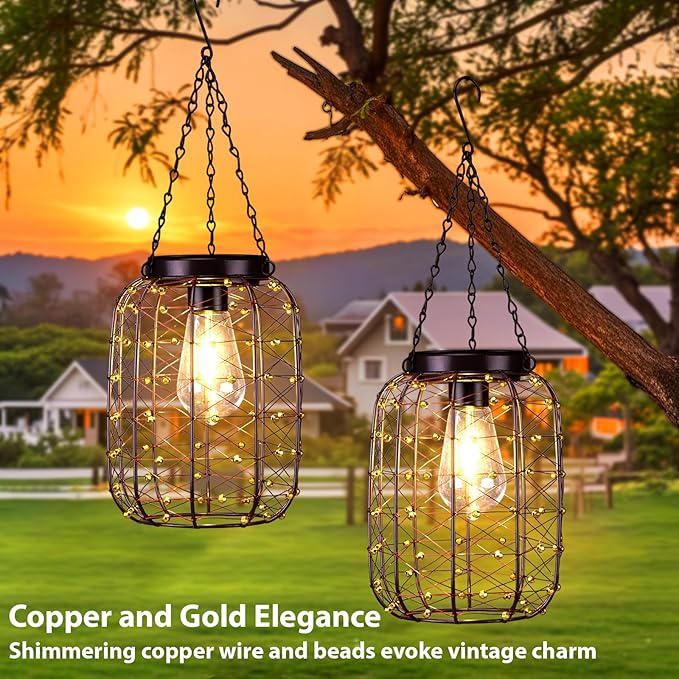 Hanging Solar Lanterns Outdoor Waterproof, Vintage Copper Hanging Lantern Lights - Image 2