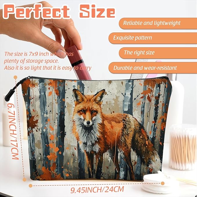Cosmetic Bags Travel Makeup Toilet Case Waterproof Pouch for Women Girls 6.7X9.45inches - Red Fox Gazing Intently in An Autumn Wilderness