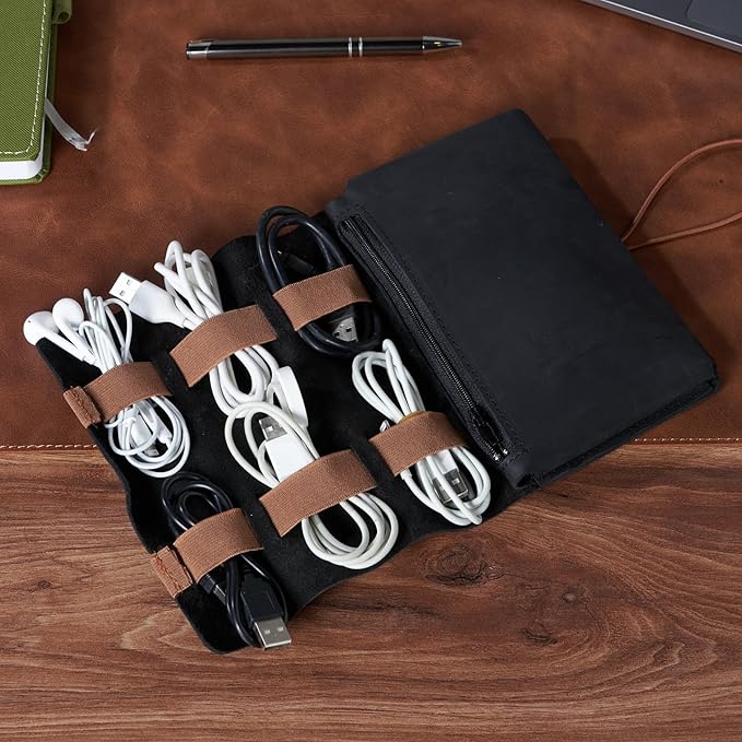 HARDISTON Genuine Leather Electronic Cable Organizer Bag Handmade Travel Cord - Image 4