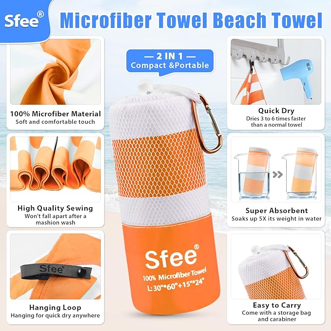 Sfee 2 in 1 Microfiber Beach Towel, Quick Dry Towel Camping Travel Towel Super - Image 2